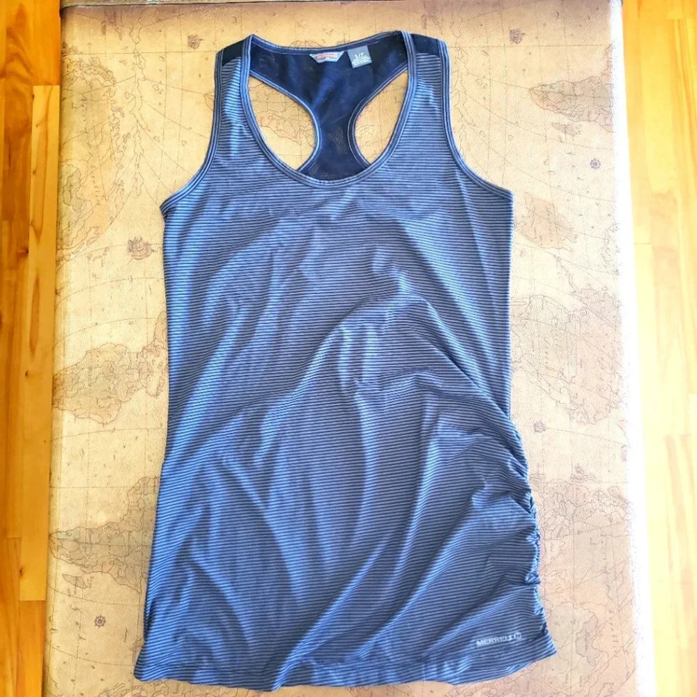 MERRELL, Size Small, hiking long tank, Khaki stripes with black